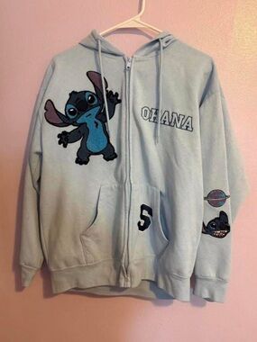 Disney Light Blue Stitch Zip-Up Hoodie with Ohana Graphic